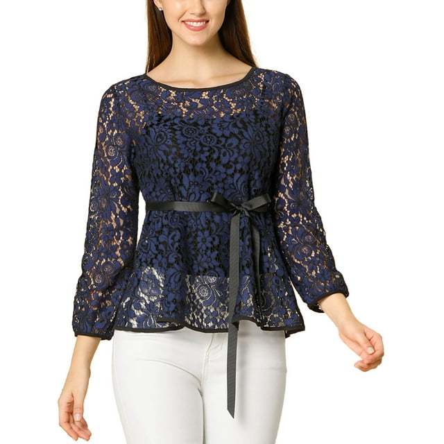 INSPIRAR CHIC Blusa de encaje con peplum para mujer, mangas de pulsera florales, cintura con lazo, talla 3XL, azul oscuro