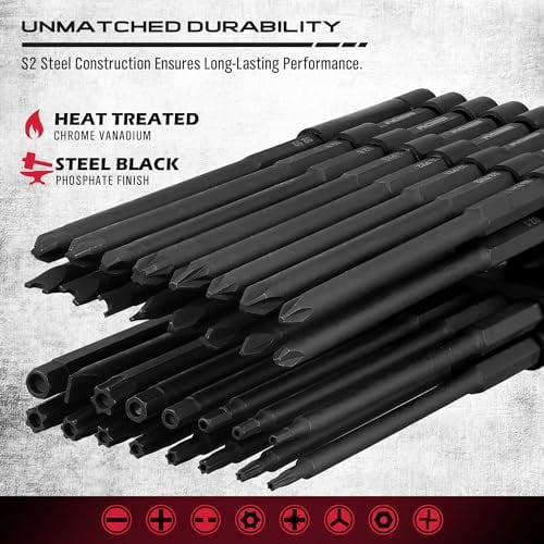 Extra Long Security Bit Set: 32-Piece S2 Steel Screwdriver Drill Bits for Tamper-Proof Screws, 6" Torx, PoziDriv, Spanner, Tri-Wing - Universal 1/4" Hex Shank for Electric, Impact Drills