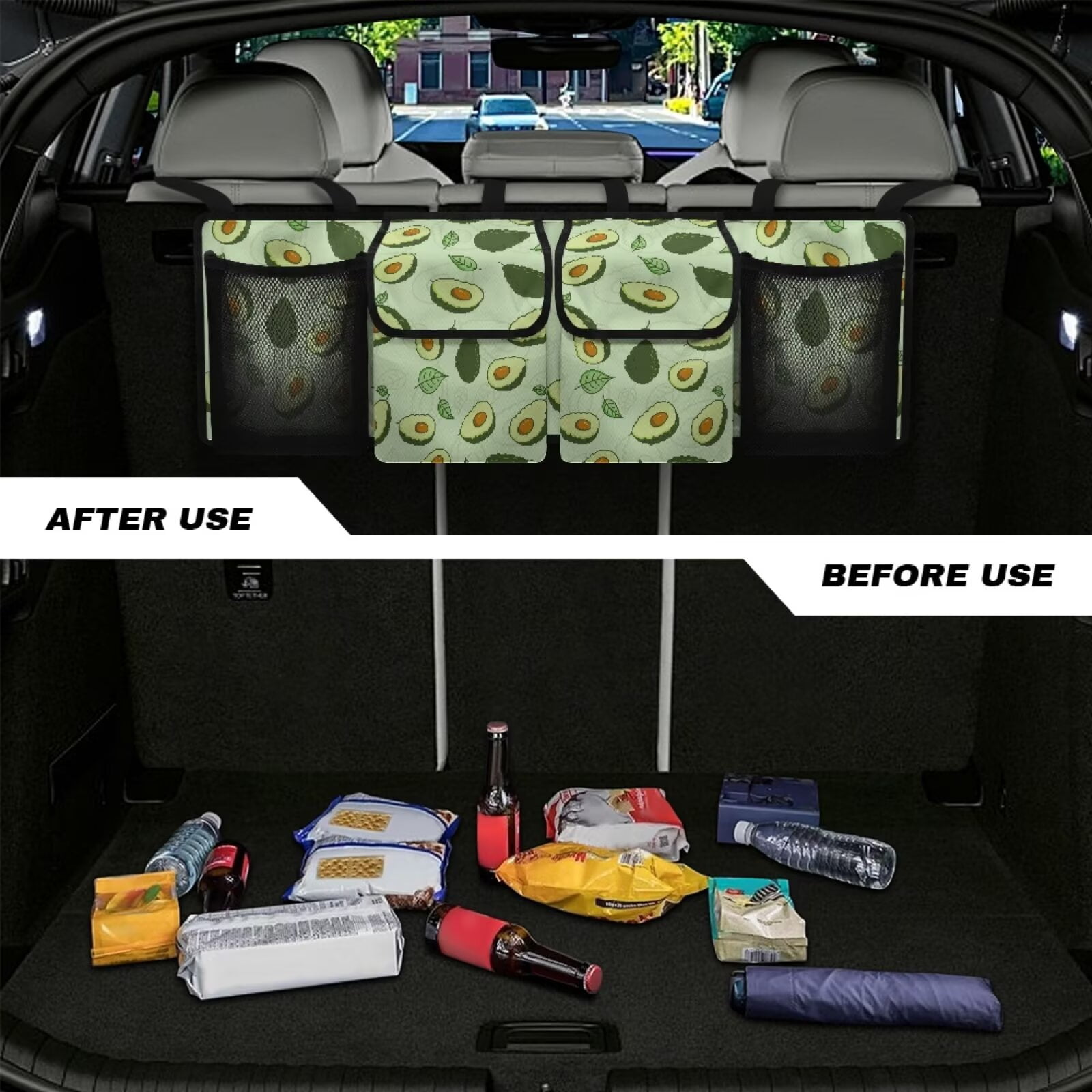 KUIFORTI Trunk Organizer for Car Women Green Avocado Backseat Car Organizer(37.01"*11.8"), Adjustable Car Back Seat Organizer with 4 Pockets, Oxford Cloth Car Organizers Storage Bag for SUV/MPV/Truck