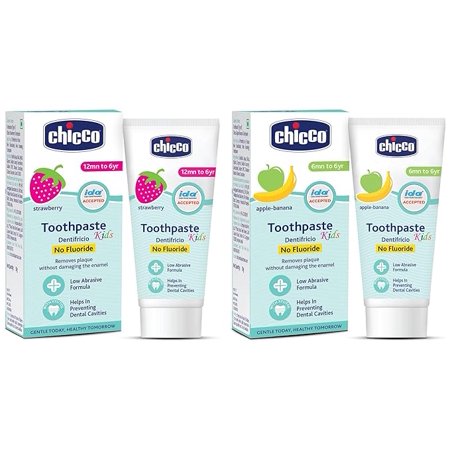 Chicco Toothpaste, Strawberry Flavour for 1Y to 6Y Bab (50g)&Chicco Toothpaste, Applebanana Flavour for 6m to 6Y Baby, Fluoride-Free, Preservative-Free,Cavity Protection (50 Millilitre)