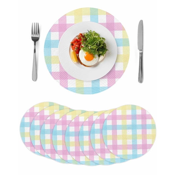 Round Woven Placemats set of 8, Spring Easter Plaid Washable & Heat Resistan-t Plastic Wipeable Placemats for Round Table Watercolor Blue Green Pink Yellow Kitchen Dining Table Decor, 13in,