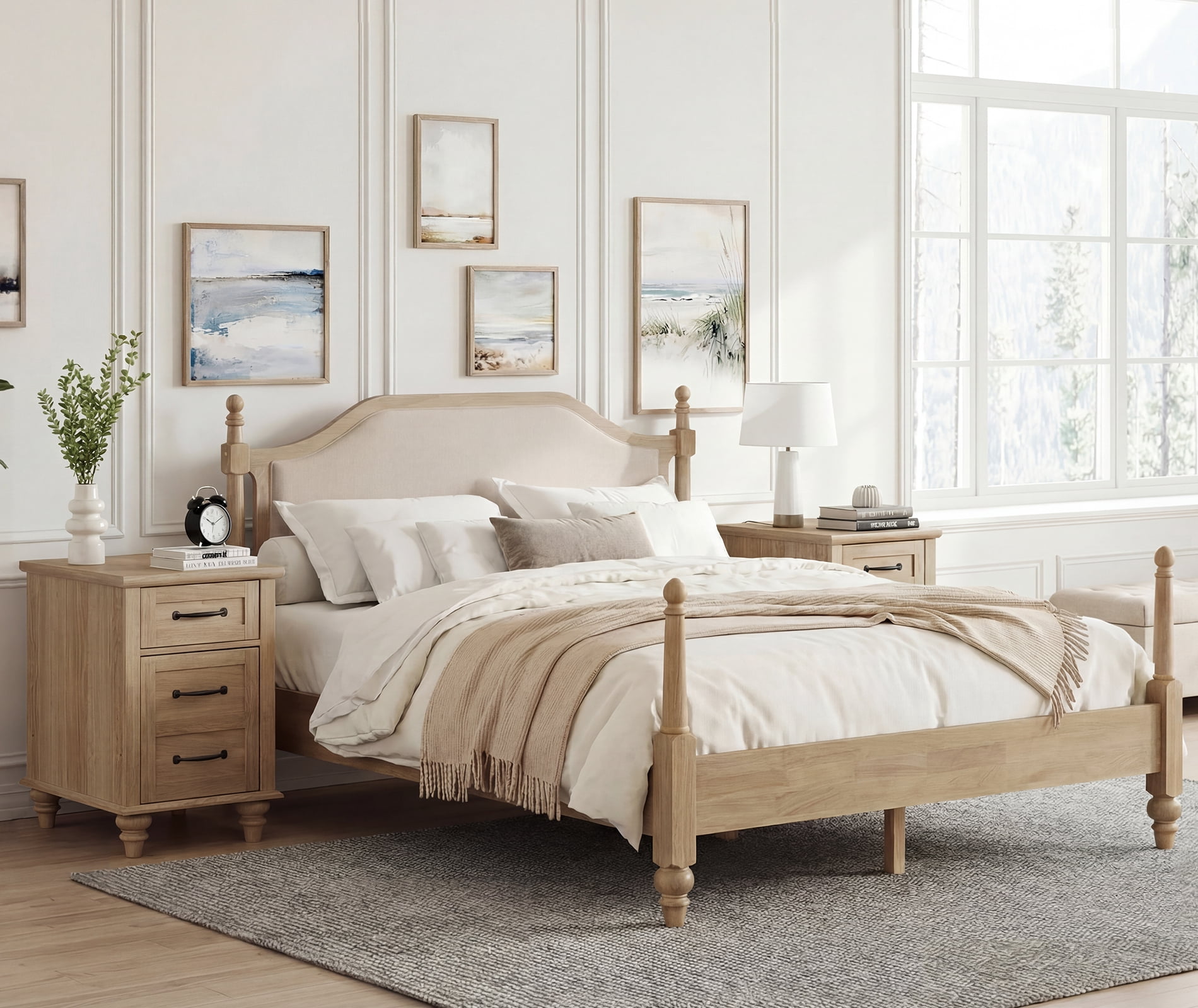 3 Piece Bedroom Set, Queen Bed Frame & 2 Nightstands with Charging Station, 1 Drawer & Storage Cabinet, Oak