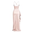 thumbnail image 5 of Women Spaghetti Strap Satin Maxi Evening Gown, Cowl Neck Ruched Bodycon Long Dress With High Side Slit, Elegant Formal Prom Wedding Guest Cocktail Party Dress Beige,M, 5 of 6