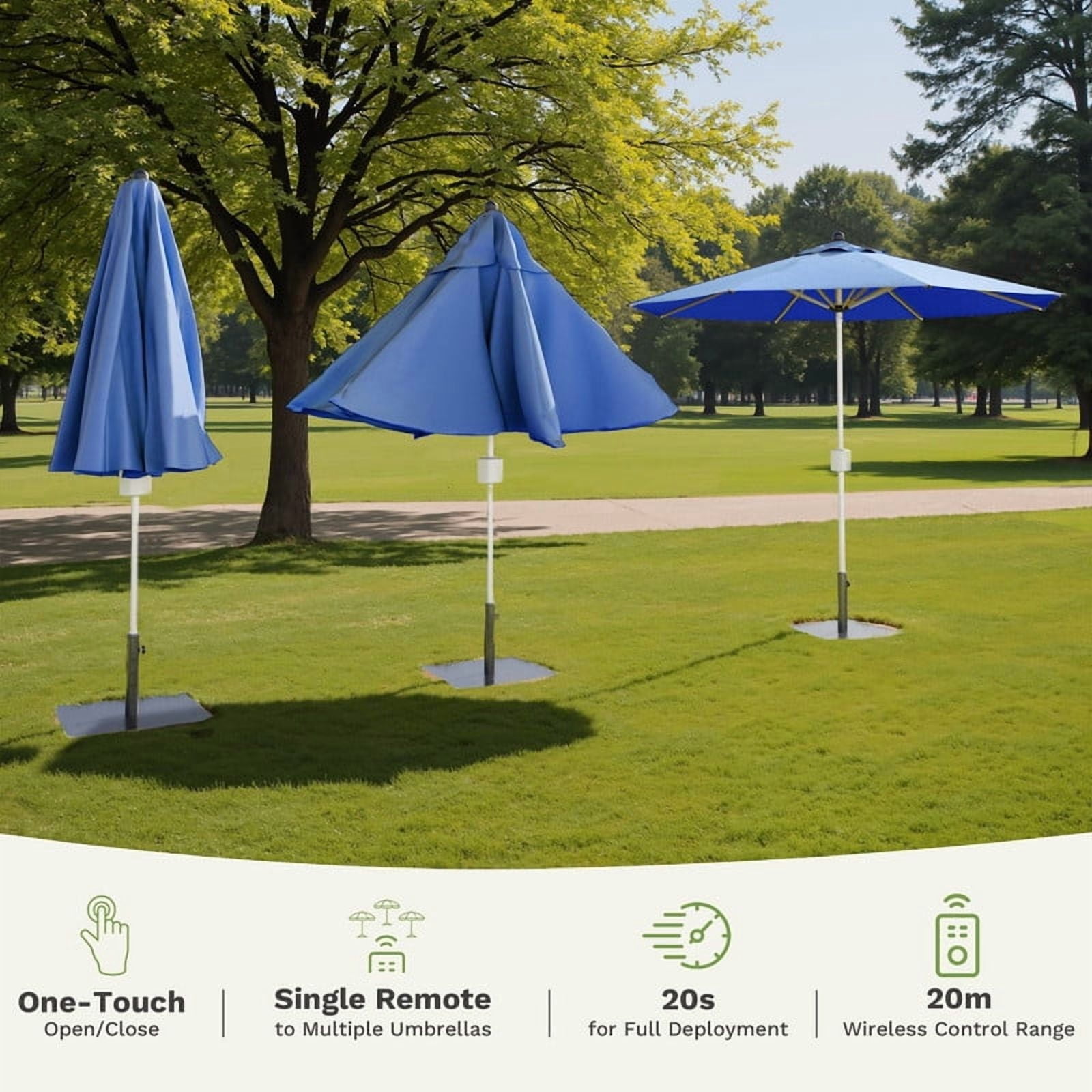 fully automatic patio umbrella 11' Designer - Infinite 360 Auto Tilt Solar Lux g feature allows for flexible shade adjustment Blue 9ft Motorized Patio Umbrella