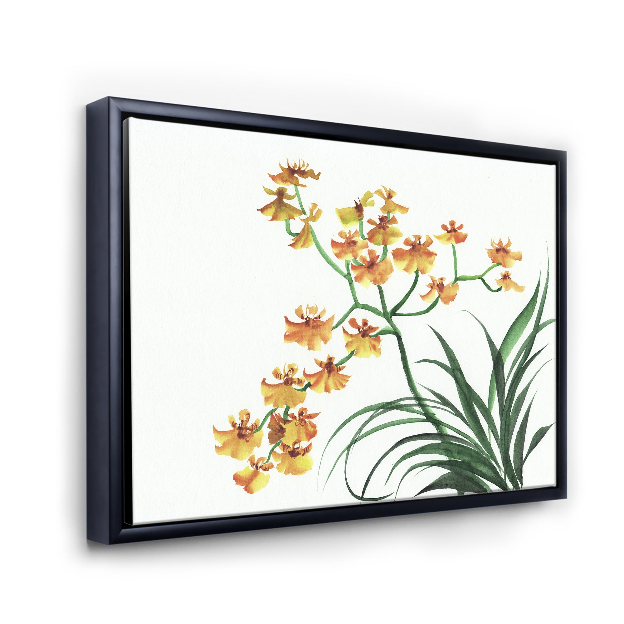Designart 'Yellow Vintage Orchids On White' Traditional Framed Canvas Wall Art Print