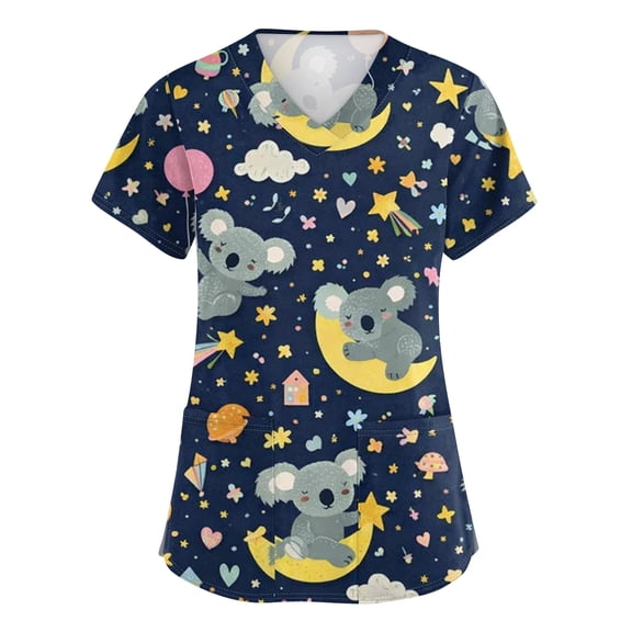 Kixjoy Scrubs for Women Plus Size Short Sleeve V Neck Scrubs Animal Printed Stretchy Casual Top Medical Lightweight Blouses for Women with Pockets, Navy S