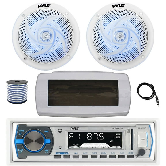 Pyle PLMRB29W Single DIN Bluetooth Marine MP3 AM/FM Stereo Receiver with White Cover, 22" Radio Antenna, Wire, 2x 6'' 240 Watt Peak Power  2-Way Blue Flashing LED Audio Speakers (White)