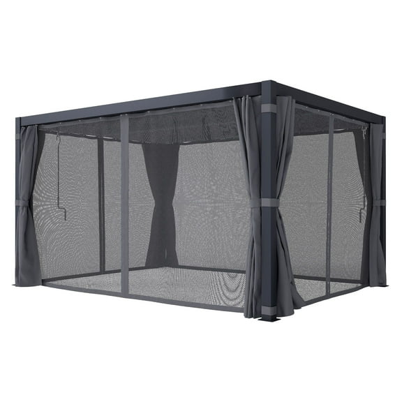 10x13 Outdoor Pergola with Louvered Roof, Dark Gray - Retractable Patio Canopy with Curtains & Netting