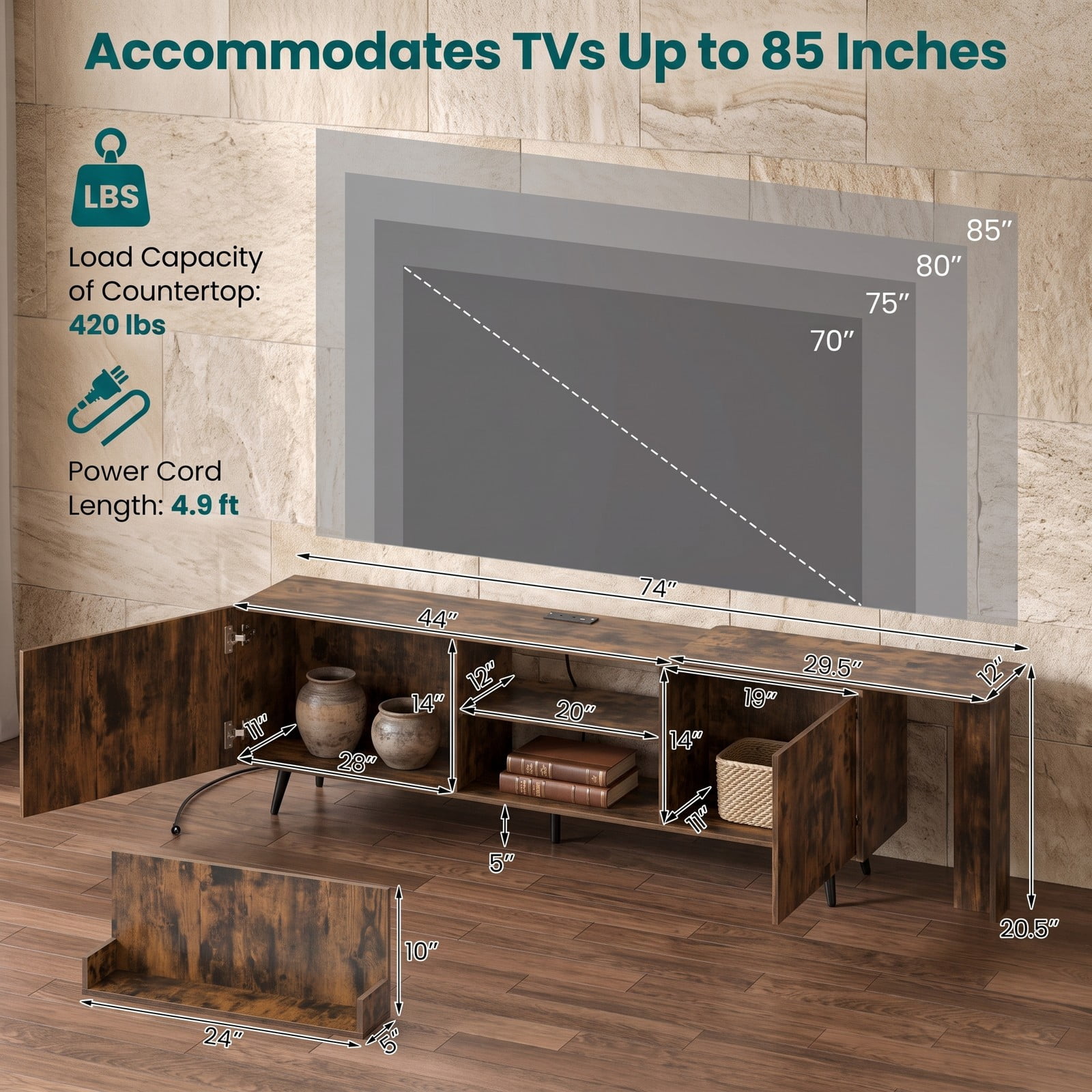 Furnibear TV Stand for TVs up to 85 Inch with Charging Station, Wood Entertainment Center Media Console with 2 Cabinets and 2 Wall Shelves for Living Room, Rustic Brown