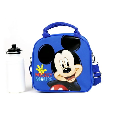 Disney Mickey Mouse Lunch Box Carry Bag with Shoulder Strap and Water Bottle, OFFICIAL DISNEY LICENSED PRODUCT By