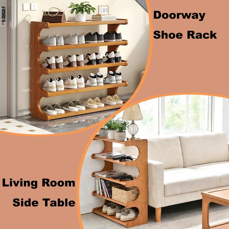 Howcool 5-Tier Bamboo Shoe Rack, Tall Shoes Organizer, Freestanding Storage Shelf