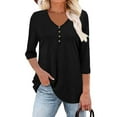 thumbnail image 5 of 3/4 Sleeve V Neck Tops for Women with Buttons Solid Color Tshirts Loose Fall Spring Casual Base Tees (2XL, Black), 5 of 7
