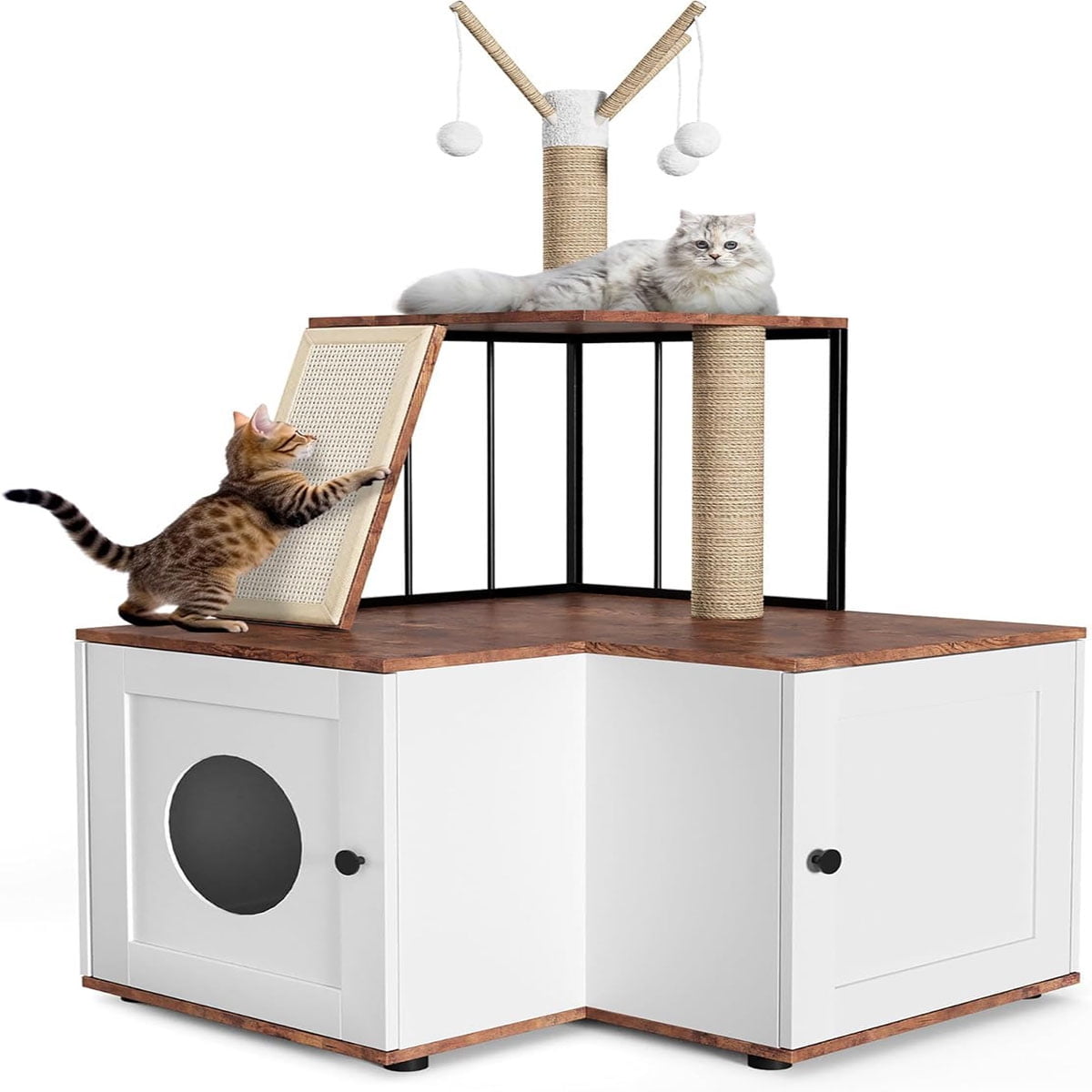 Danolapsi Cat Tree Litter Box Enclosure with Hidden Litterbox, Wood L-Shaped Corner Cat House Pet Furniture with Scratching Post Board Toy Balls and Play AreaLarge Tall Cat Tower for Indoor Cats