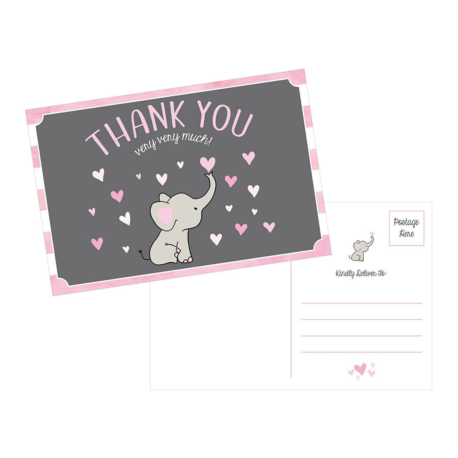 Polka dots Set of 50 Thank You Notes with Envelopes, Elephant Pink Girls Baby Shower Thank You Cards