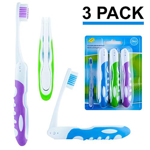 On The Go Folding Feature Medium Bristle Brushes Travel Toothbrush 3 Pack 