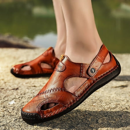 

Men s Casual Sandals Hollow Cowhide Beach Shoes Breathable Baotou Leather Sandals