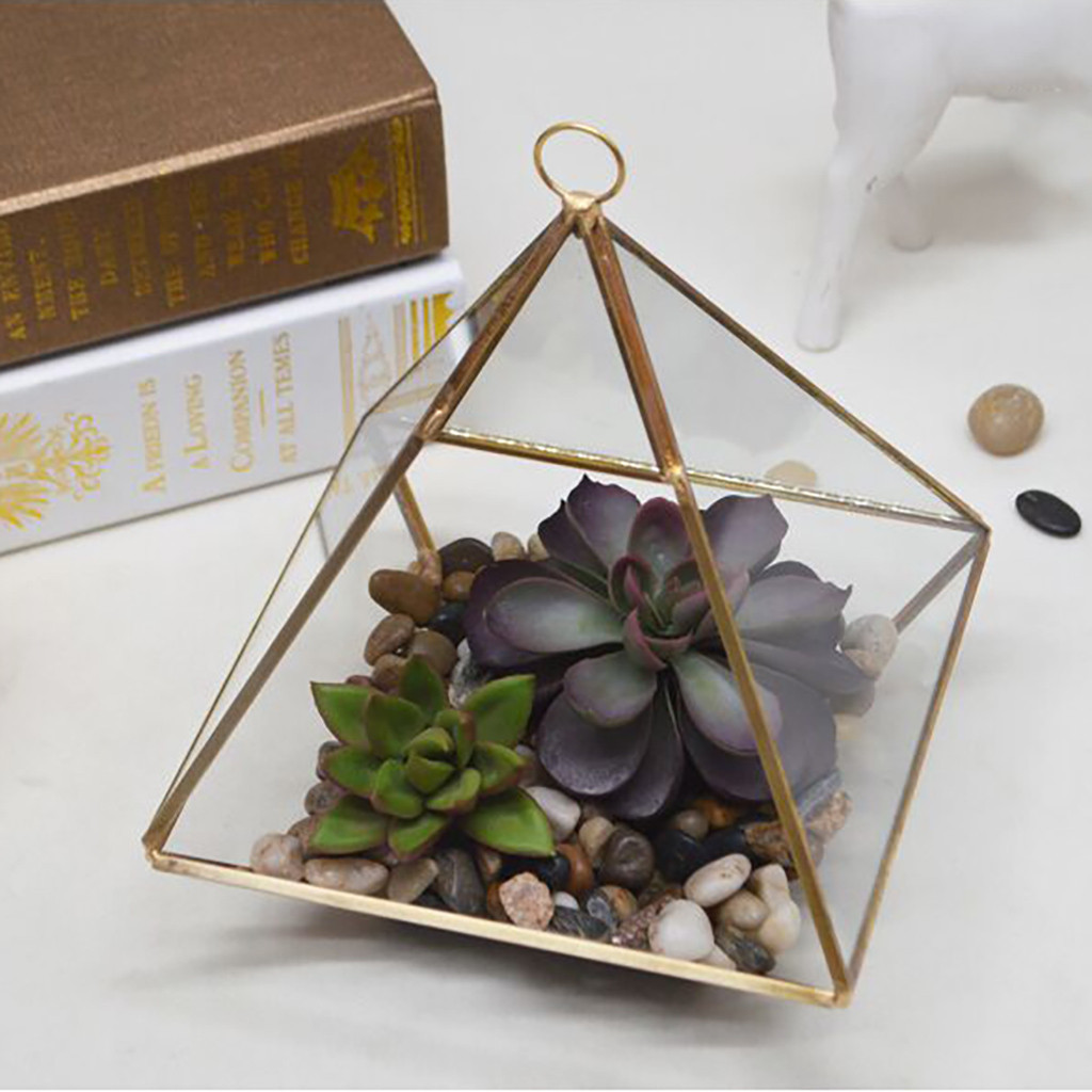 Pyramid Vertical Metal Glass Geometric Wall Hanging Terrarium Brass