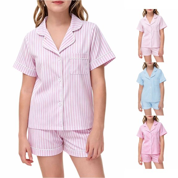 REDARER Girls Short Sleeve Button Down Pajama Set Stripe Print Soft Comfy Two Piece Summer Sleepwear,10-11 Years