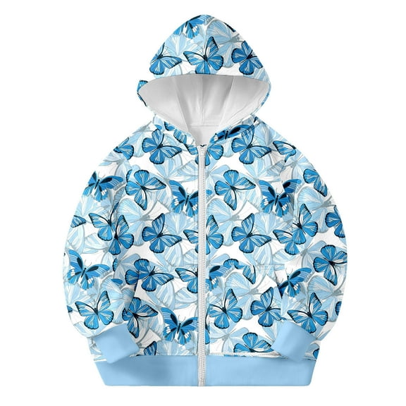 MAIHAN-Kids Butterfly Print Hooded Jacket, Boys & Girls Zip-Up Sweatshirt Pullover, Long Sleeve Casual Jacket Coat for Toddler to Youth(Blue,2-3Years)