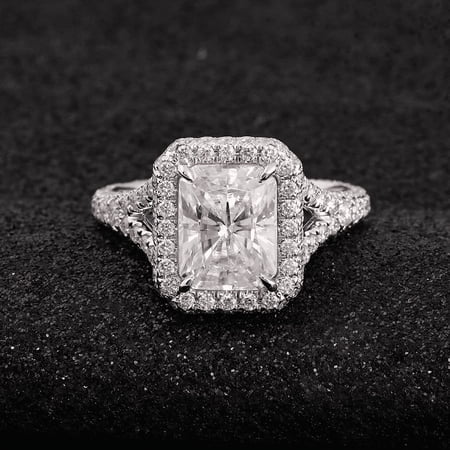 Silvago Jewel 14K White Gold Over Ring - 3.7 Ct Lab Diamond Radiant Cut Wedding Ring - Halo Engagement Wedding Toi Et Moi Ring - Solitaire with Accents Diamond Rings for Special Occasion Women's