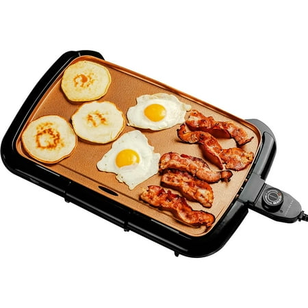 

Ovente Electric Indoor Griddle 16 x 10 Inch with Easy Clean Non-Stick Plate and Removable Oil Drip Tray 1200W Adjustable Temperature Control Perfect for Cooking Pancakes Burgers Eggs Copper GD1610CO