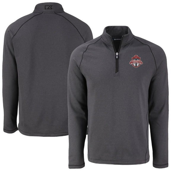 Men's-Cutter & Buck  Heather Black Toronto FC Peshastin Eco Fleece Recycled Raglan Half-Zip Top