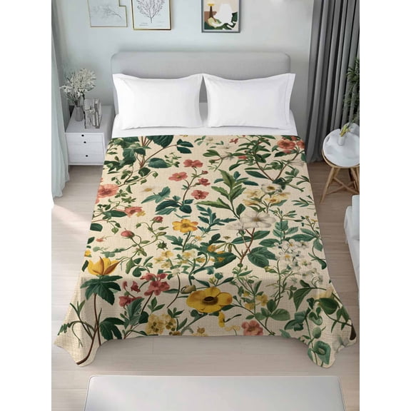 Green Botanical Full Size Flat Sheet, Wrinkleproof & Fadeproof Cooling Flat Bed Sheet Only, Vintage Plant Flowers Garden Leaf Motifs Breathable Soft Bedding Top Sheets 81 x 96 Inches