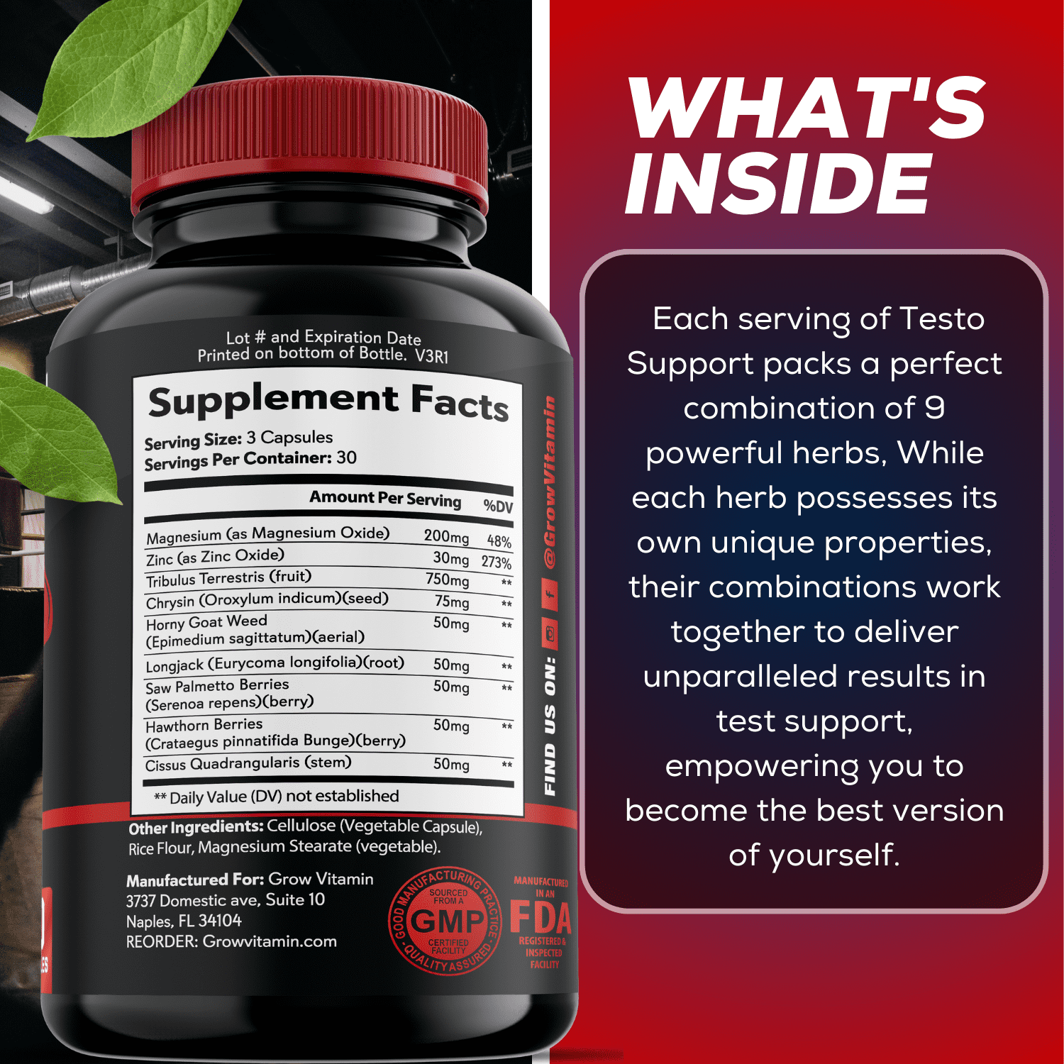 Grow Vitamin Dietary Supplements for Men & Women, Muscle Growth Support with Saw Palmetto, 90 Capsules