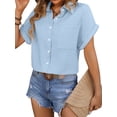 thumbnail image 4 of Hibeli Women Lapel Collar Rolled Sleeve Button Down Chest Pocket Solid Color Wrinkled Shirt, 4 of 7
