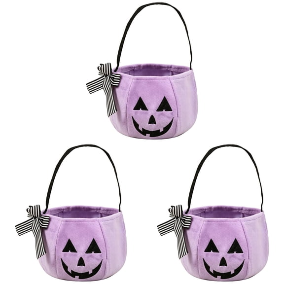 Kjfeif 3Pcs Reusable Pumpkin Candy Bucket with Delicate Bow Embroidery, Handheld Halloween Basket for Kids Trick or Treating, Festival Storage Bag, Cute Seasonal Accessory