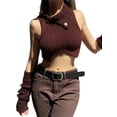 thumbnail image 3 of Liacowi Women Turtleneck Knitted Tank Tops Brown Sleeveless Irregular Ribbed Crop Tops Slim Fit, 3 of 7