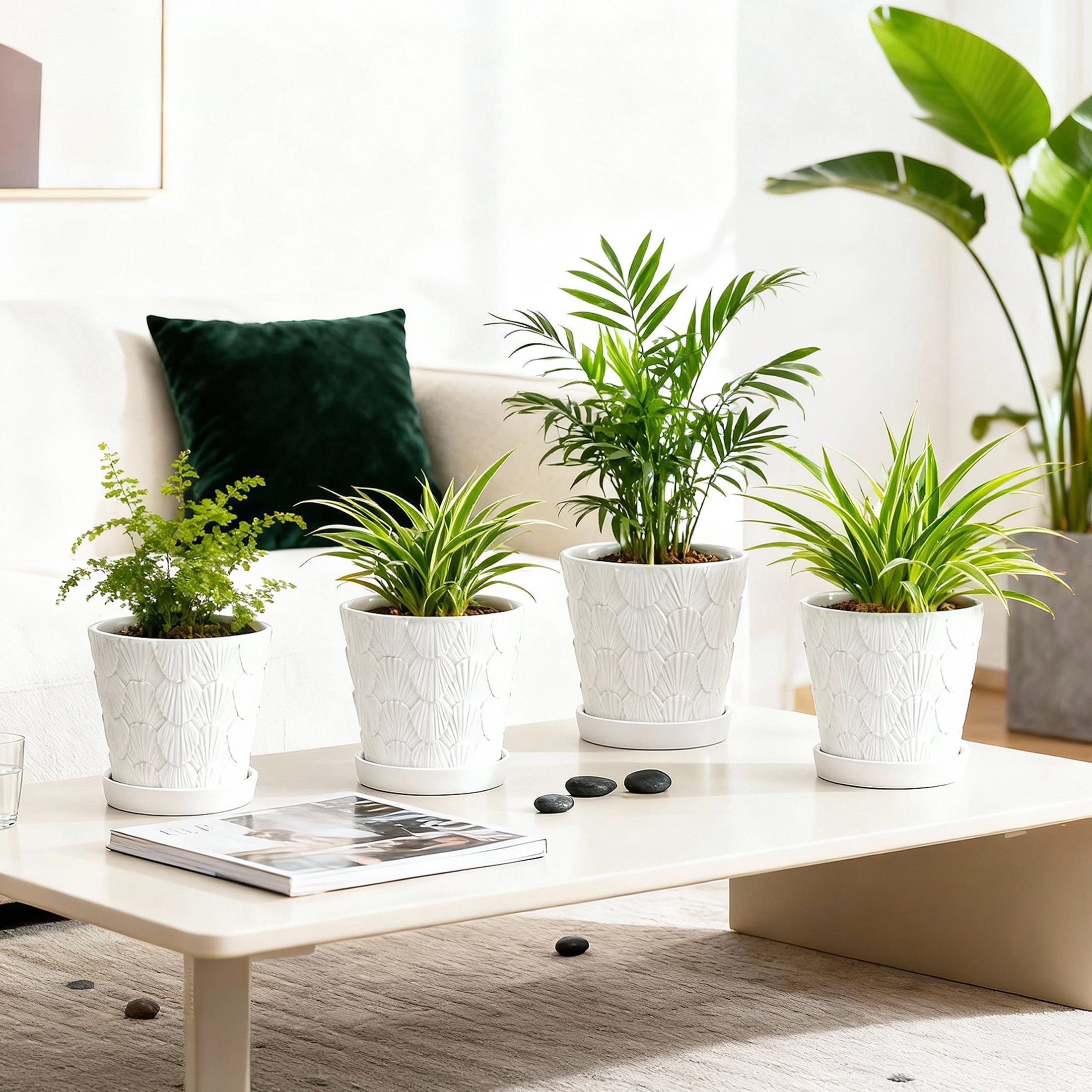 BUYMAX  Shell-Embossed 5" Ceramic Plant Pots with Drainage, White Indoor Flower Pots,Bathroom Decor,Set of 4