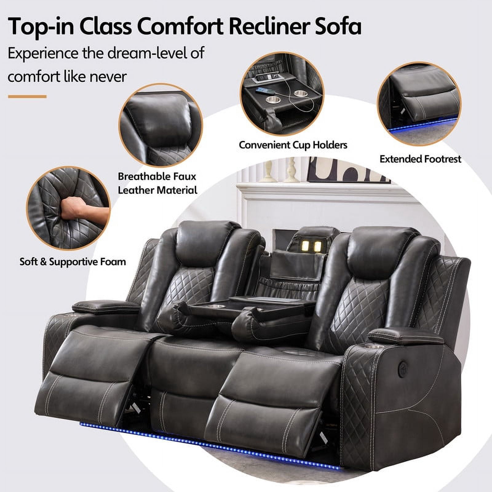 3-Seat Power Recliner Chair Sofa Set for Living Room,Gray Faux Leather Electric Home Theater Seating Reclining Sofa Couch with Flipped Middle Backrest,LED Light,USB Port,Cup Holder,Hidden Arm Storage
