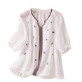 thumbnail image 1 of Hauts d'Été pour Femmes, Shorts pour Femmes, T-Shirt Décontracté Imprimé Brodé à Manches Courtes Col en V en Lin, 1 of 8