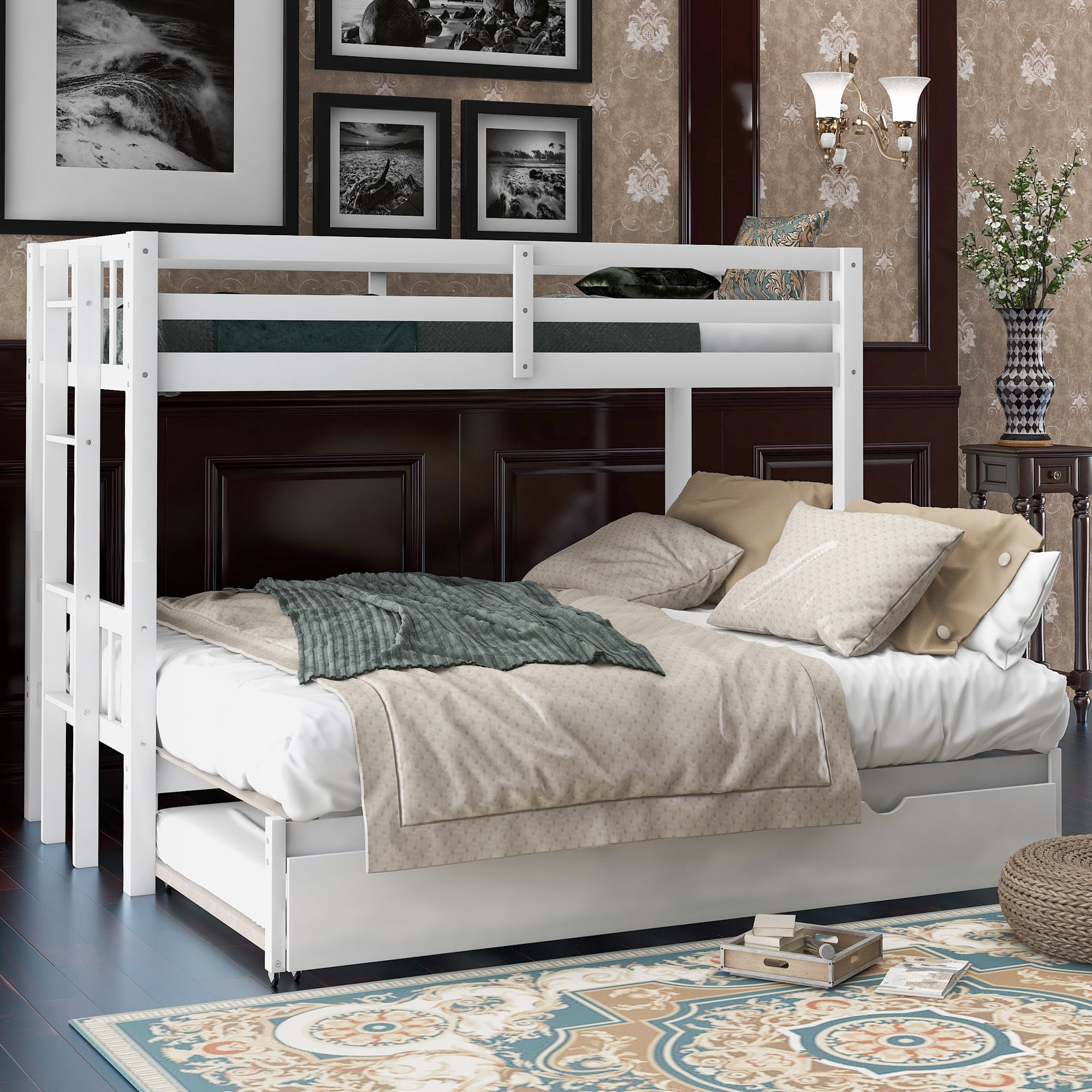 Euroco Wood Twin over Twin/King Bunk Bed with Trundle for Kids Teens, White