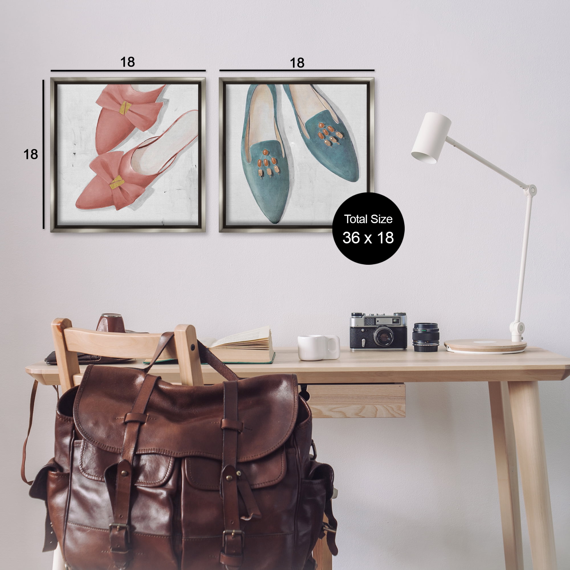 Stupell Industries Pink & Blue Fashion Flats Fashion Painting Gray Floater Framed Canvas Art Print Wall Art, 18 x 18, Set of 2