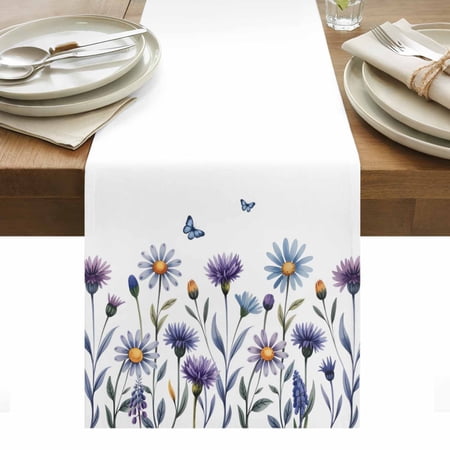 Purple Blue Flowers Table Runner - 72 Inch Long Kitchen Dining Table Runner Dresser Scarves Country Botanical Floral Butterfly Farmhouse Decor for Coffee Tables Wedding Party Banquet