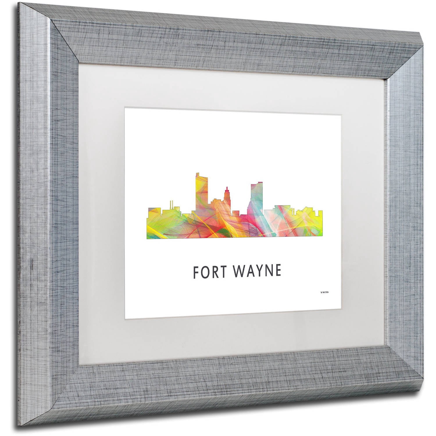 Trademark Fine Art 'Fort Wayne Indiana Skyline WB-1' Canvas Art by Marlene Watson, White Matte, Silver Frame