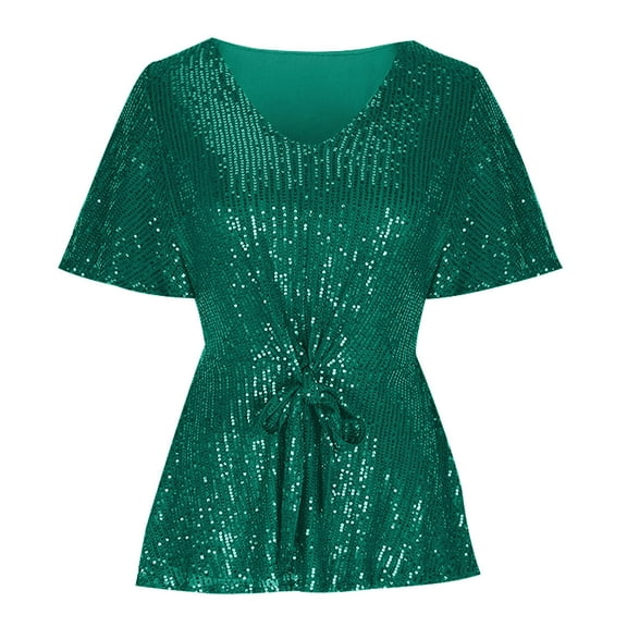 Fartey Sequin T Shirts for Women 2025 Trendy Elegant V Neck Belted Tops Dressy Casual Short Sleeve Party Shirts Summer Solid Color Tunic Blouses Army Green S-2XL