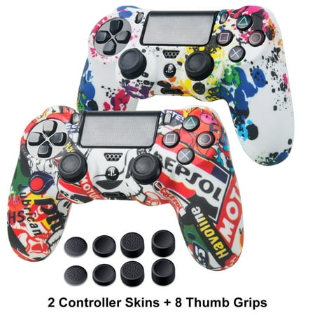 PS4 Controller Silicone Skins - Anti-slip PS4 Grip controller Covers - Protector Accessories for PS4 Slim/Pro - 2 Pack PS4 Controller Cases - 4 Pairs Thumb Grips for PS4 - Graffiti+Paint