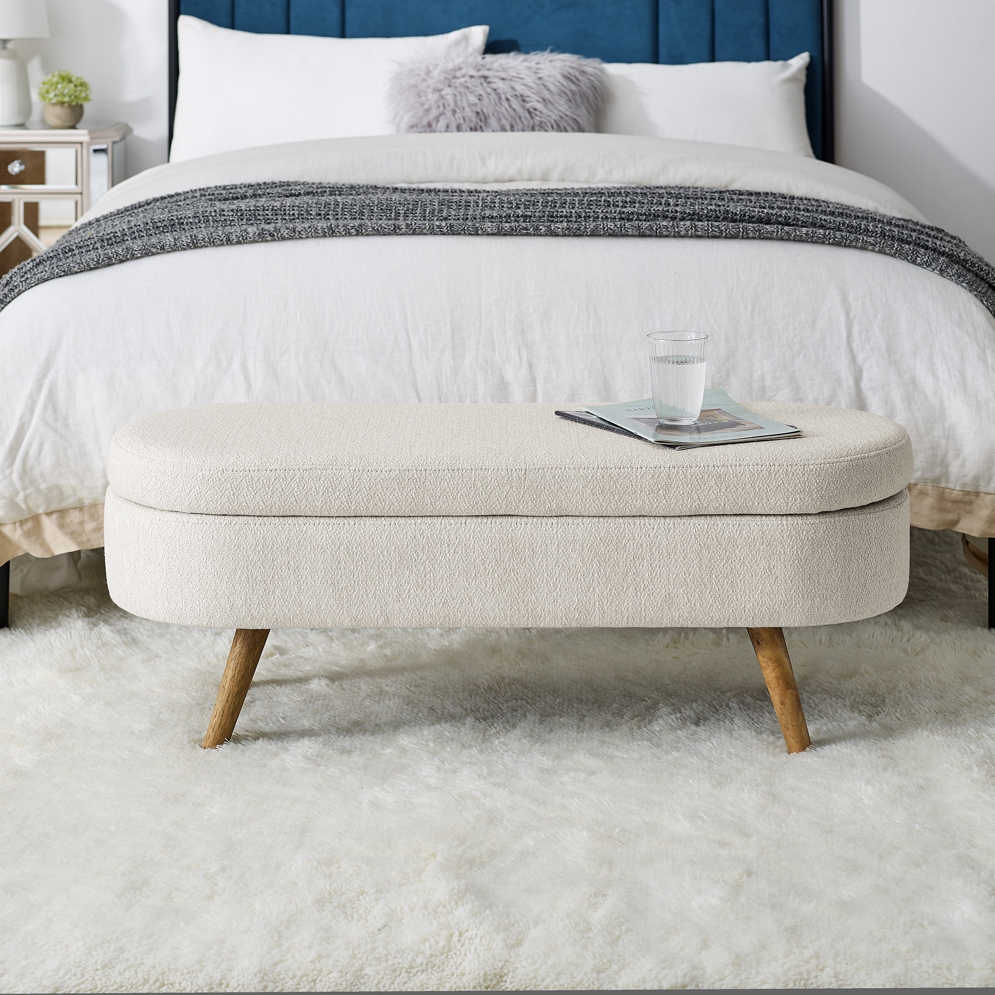 BSHTI Ottoman Oval Storage Bench,Rubber Wood Legs,Storage Bench with Cylindrical Arms and Iron Legs for Hallway Living Room Bedroom