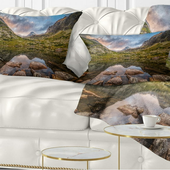Designart Rocky Lake above Skok Waterfall - Landscape Printed Throw Pillow - 12x20