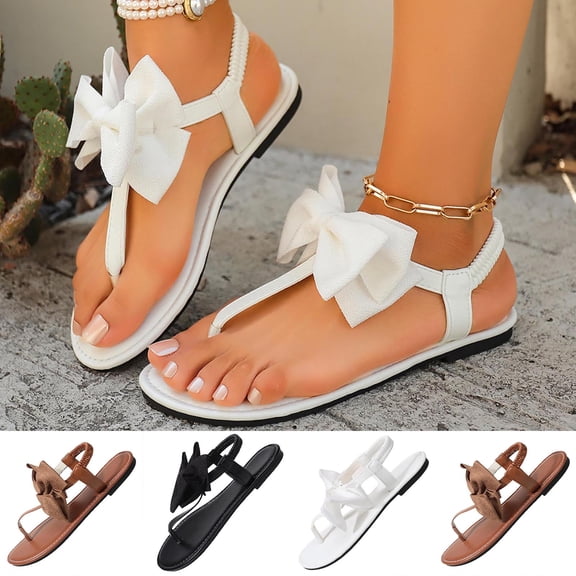 Kojanyu Women's Bow Knot T-Strap Flat Sandals Open Toe Summer Casual Beach Walking Thong Shoes PU Leather Slip On Footwear