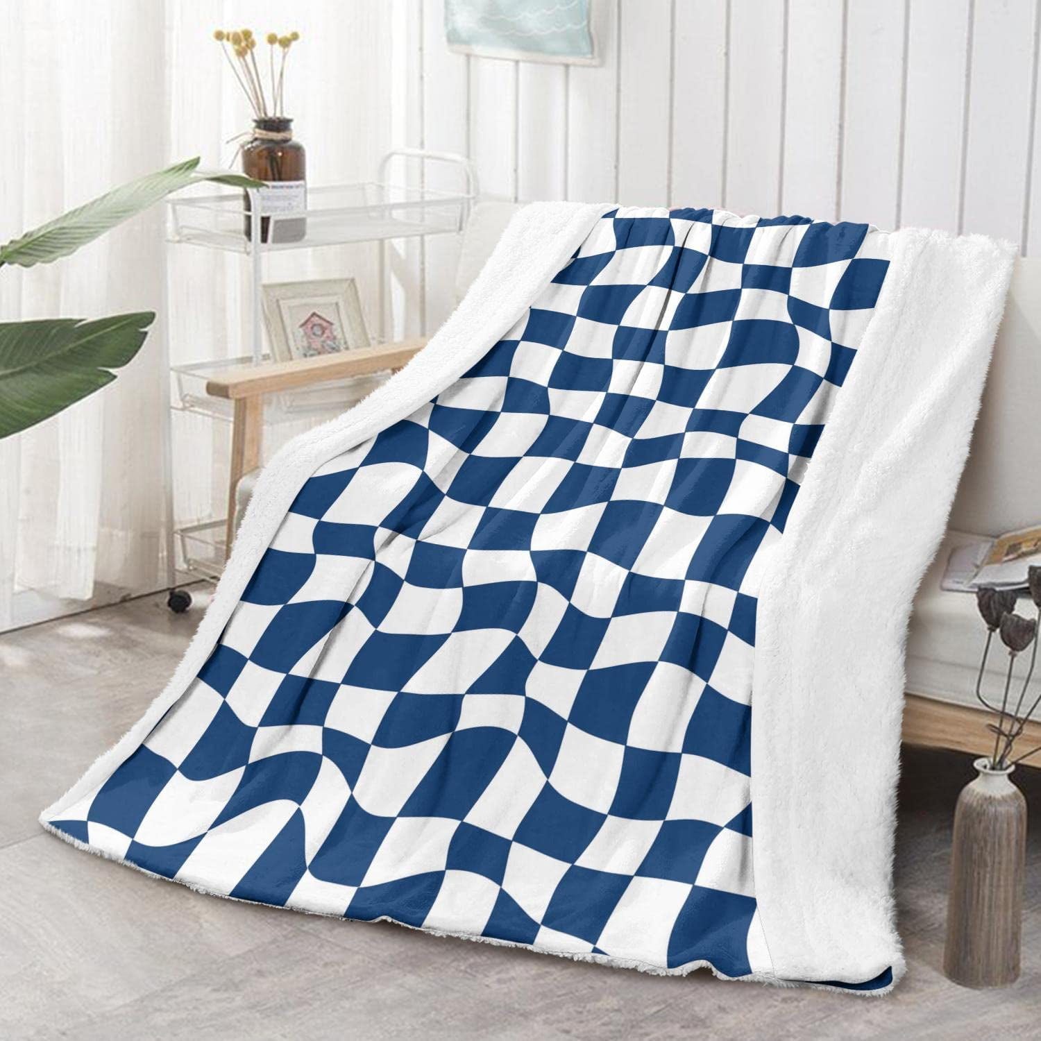 Checkered Blanket 50"x60" Flannel Fleece Checkered Navy Blue Throw