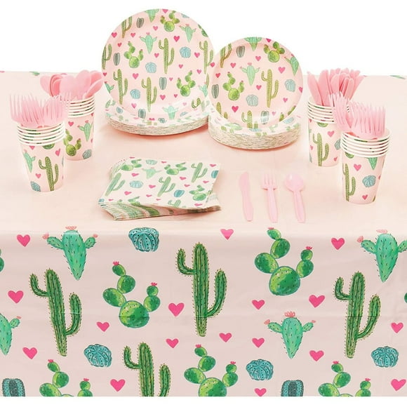 Sert 24 Fournitures de Fête Mexicaine Fiesta Cinco de Mayo avec Assiettes en Papier, Serviettes, Tasses et Nappe, Décorations d'Anniversaire pour Enfants Cactus