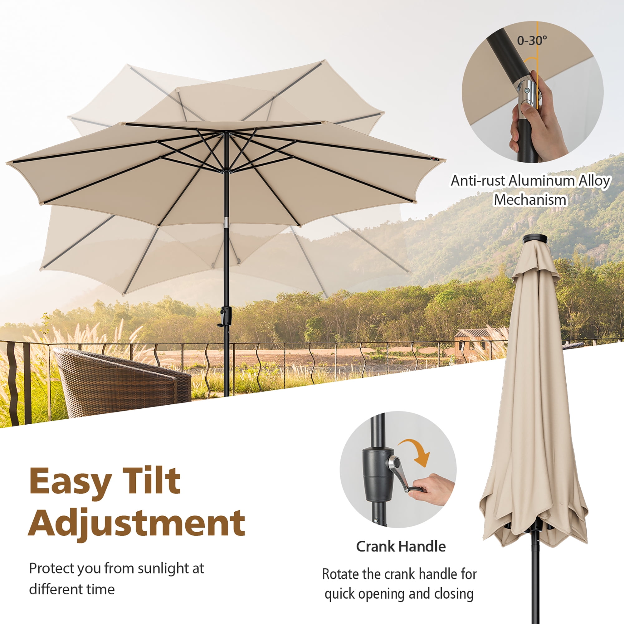 Gymax 10FT Solar Patio Umbrella 112 LED Lighted Umbrella Outdoor Table Market Umbrella Beige