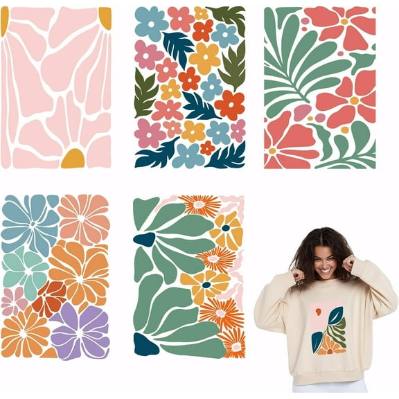 6PCS Minimalist Flowers Iron on Decals for Clothing Flower Heat Transfer Stickers Iron on Patches for DIY Clothes Illustration Style Clothes Decoration Transfers for Hoodies T-Shirt Jackets