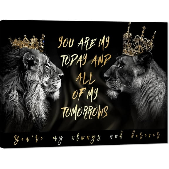 Lions Wall Art - Wild Animals Canvas Painting Picture Black White King and Queen Lion with Gold Crown Couple Poster Print Modern Home Decoration Unframed Artwork for Living Room Bedroom Decor