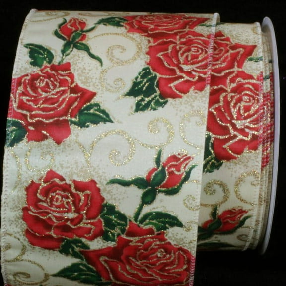 The Ribbon People White and Red Rose Printed Wired Craft Ribbon 4" x 20 Yards