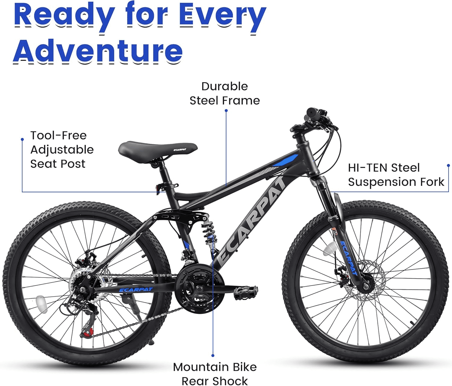 24" Mountain Bike for Adults, 21 Speed Full Suspension MTB, Dual Disc Brakes, High Carbon Steel Frame, 85% Pre-Assembled, for Men & Women